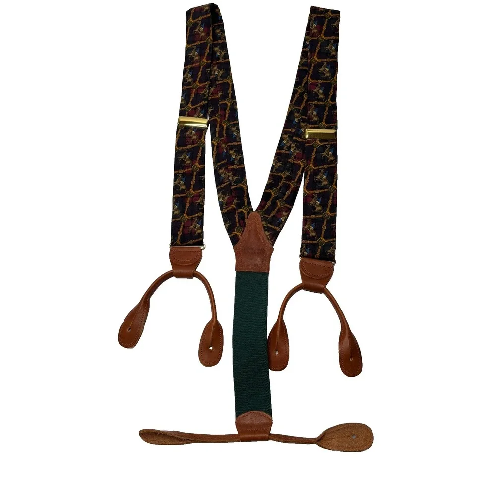 VTG Polo Ralph‎ Lauren Suspenders Horse Chain Print Equestrian Heritage Leather